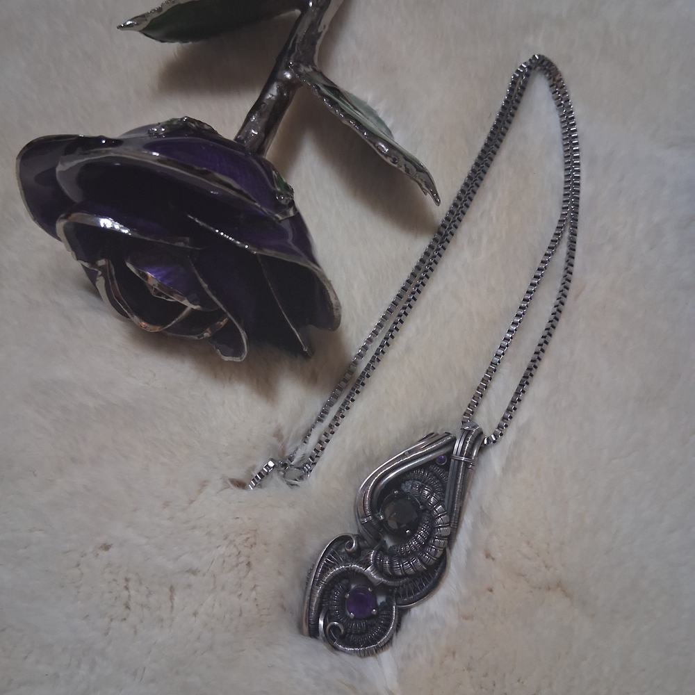 Elegant Silver and Purple Pendant Necklace and Silver Rose